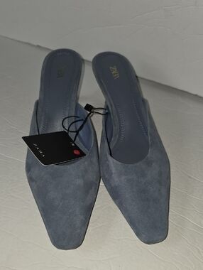 Zara Slate Blue Suede Pointed Mules